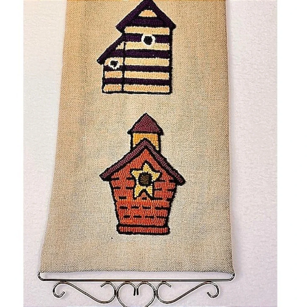 Vintage Needlepoint Birdhouse Bell Pull Wall Hanging Burlap Felt Cottagecore